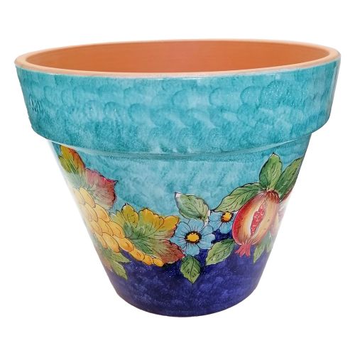 Conical pot for plants Copper green blue lemons and flowers. handpainted Vietri ceramic