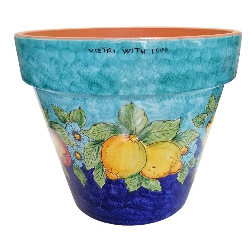 Conical pot for plants Copper green blue lemons and flowers. handpainted Vietri ceramic