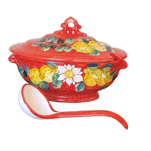 Soup tureen with ladle olive and lemons line red. handpainted Vietri ceramic