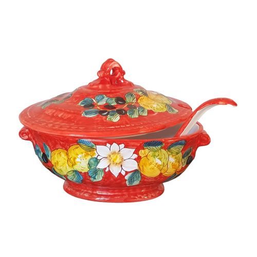 Soup tureen with ladle olive and lemons line red. handpainted Vietri ceramic