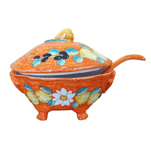 Zuppiera con mestolo linea limoni e olive fondo Arancio. Ceramica di vietri