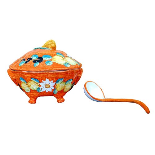 Zuppiera con mestolo linea limoni e olive fondo Arancio. Ceramica di vietri