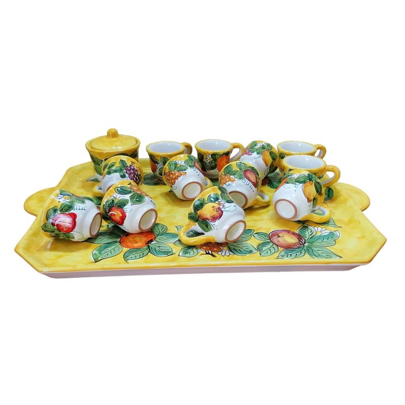 Tray with 12 cups and sugar bowl. Fruit line....