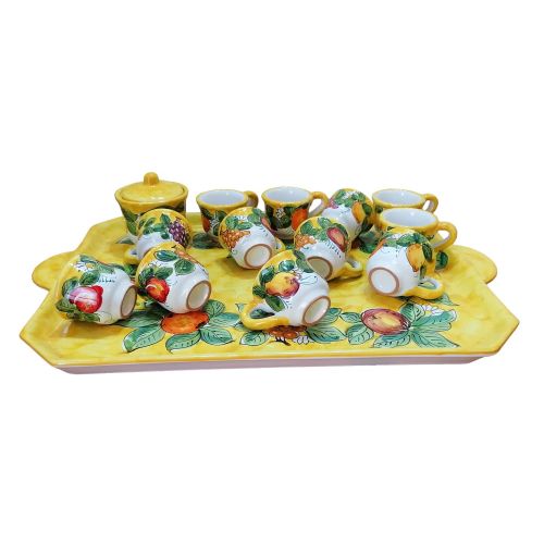 Tray with 12 cups and sugar bowl. Fruit line. Vietri ceramic. Hand-painted.