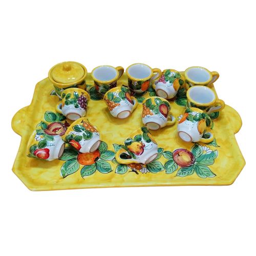 Tray with 12 cups and sugar bowl. Fruit line. Vietri ceramic. Hand-painted.