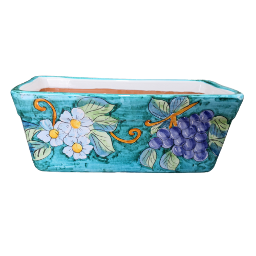 Rectangular Planter. Copper Green Background with Flowers and Grapes. Hand-painted. Vietri ceramic.