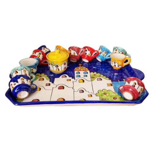 Bandeja con 12 tazas y azucarero. Línea Casitas. Cerámica...