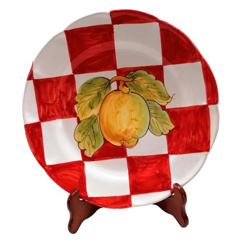 Dish, plate coloured lines line, squared rossi limone. handpainted in Vietri ceramic dinner, fruit/dessert underplate