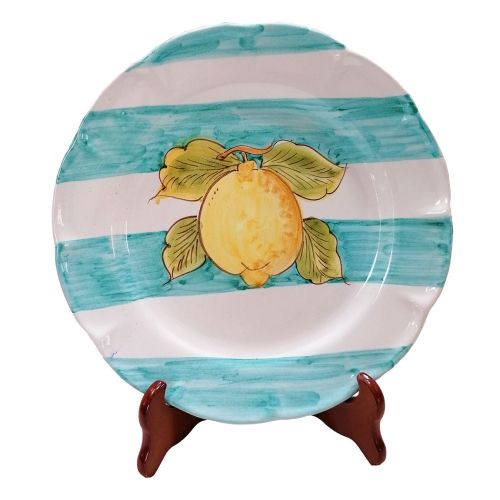 Dish, plate coloured lines line light blue lemon handpainted in Vietri ceramic dinner, fruit/dessert underplate