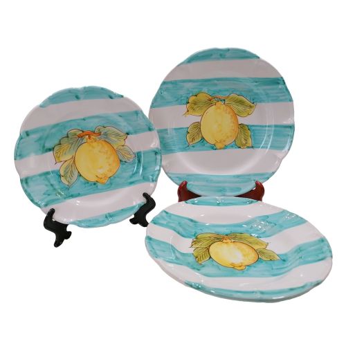 Dishes, Plates handpainted Vietri ceramic Stripes and lemon line light blue lines - Three plates, soup, dinner and fruit/Dessert