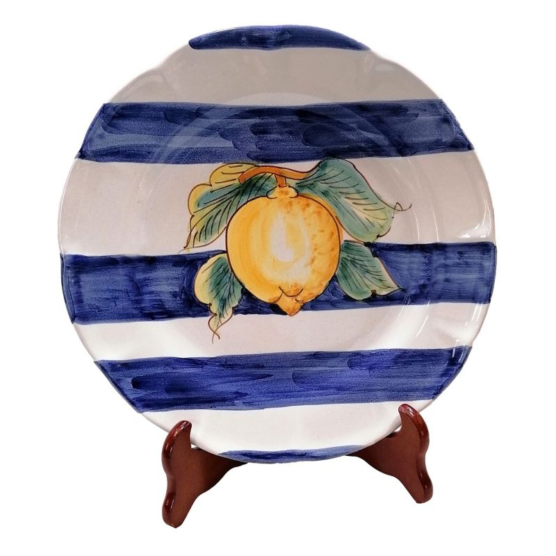 Piatto linea righe colorate blu soggetto limone- Ceramica di Vietri - fondi, piani, frutta/dolce o sottopiatti