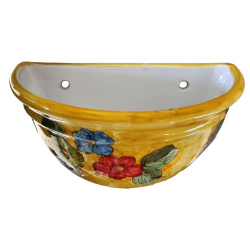 Plant basket wall mount yellow Background and Flowers Line. handpainted Vietri ceramic