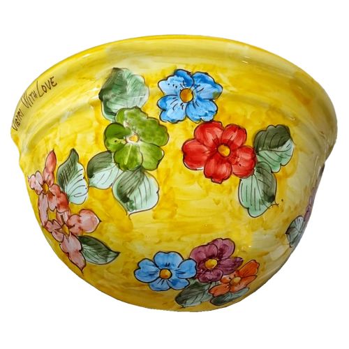Plant basket wall mount yellow Background and Flowers Line. handpainted Vietri ceramic