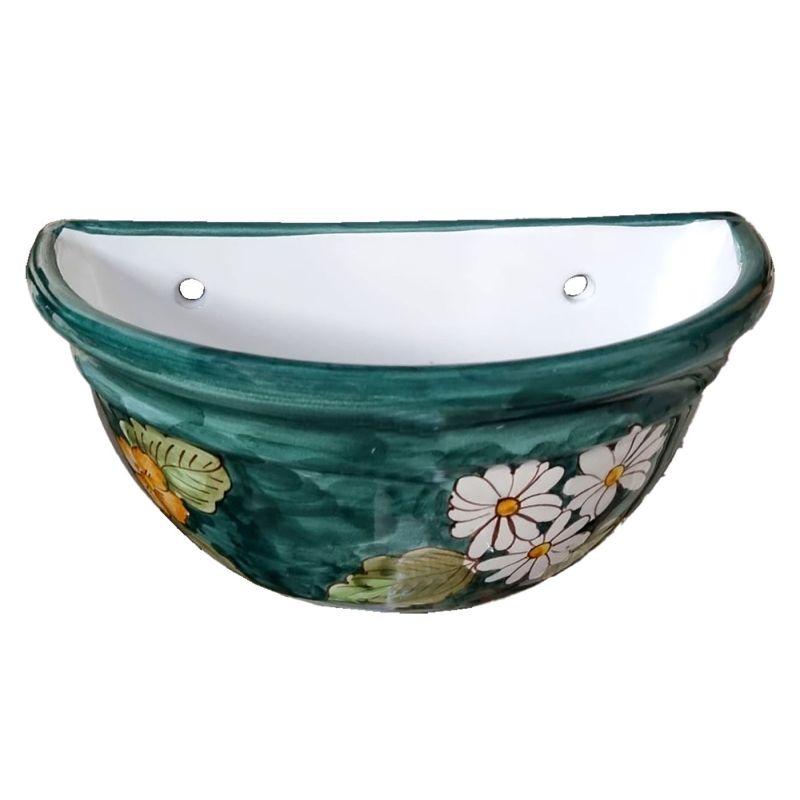 Plant basket wall mount Green Background and Flowers Line. handpainted Vietri ceramic
