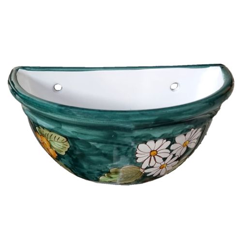 Plant basket wall mount Green Background and Flowers Line. handpainted Vietri ceramic