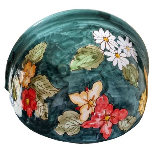 Plant basket wall mount Green Background and Flowers Line. handpainted Vietri ceramic