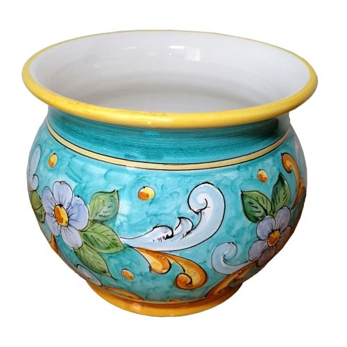 Cachepot Titular de planta de fondo de flores azules y barrocas. Cerámica Vietri pintada a mano.