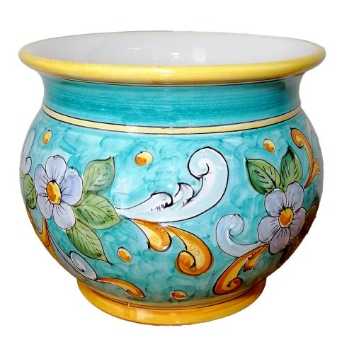 Plant holder light blue flowers and baroque. handpainted... 2