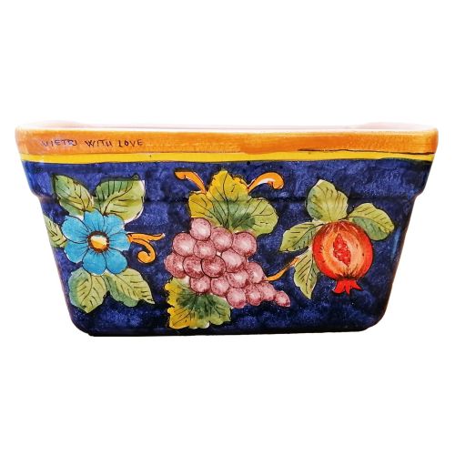 Jardinière rectangulaire. Fond bleu avec fleurs et fruits. Céramique de Vietri. Peinte à la main.