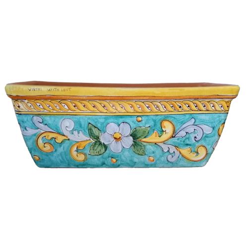 Jardinière rectangulaire. Fond vert ramina avec baroque et fleurs. Céramique de Vietri. Peinte à la main.