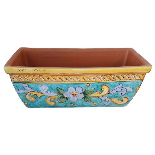 Jardinière rectangulaire. Fond vert ramina avec baroque et fleurs. Céramique de Vietri. Peinte à la main.