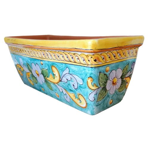 Jardinière rectangulaire. Fond vert ramina avec baroque et fleurs. Céramique de Vietri. Peinte à la main.
