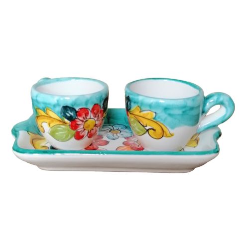 Service Tasses à Café et Plateau “Tête-à-Tête” Cadeau. Ligne Fleurs. Céramique de Vietri.