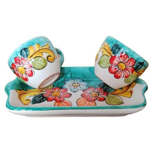 Set de tazas con bandeja decoración flores fondo verde... 2