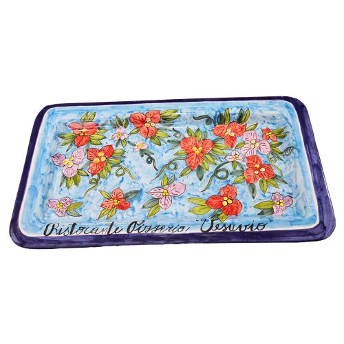 Bandeja rectangular de fondo azul decoración floral. Cerámica Vietri pintada a mano.