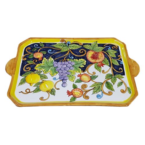 Bandeja rectangular de fondo blanco decoración de frutas. Cerámica Vietri pintada a mano.