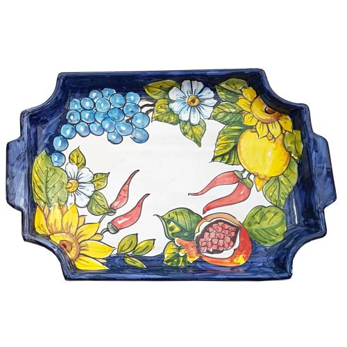 Vassoio rettangolare fondo bianco decoro frutta e fiori. Ceramica di Vietri dipinta a mano.