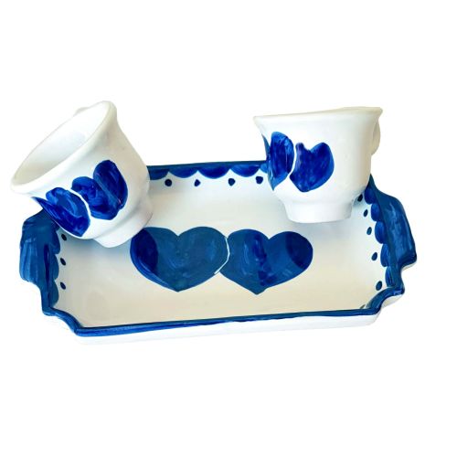 Coffee Cup and Tray Set “Tet-a-Tet” Favor. Hearts decor. Vietri Ceramics. Hand Painted.