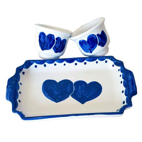 Coffee Cup and Tray Set “Tet-a-Tet” Favor. Hearts decor. Vietri Ceramics. Hand Painted.