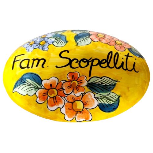 Oval Door plate customizable yellow background Flowers line. handpainted Vietri ceramic