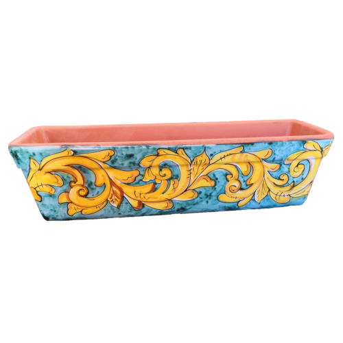 Rectangular Planter. Green Ramina and Yellow Baroque Background. Vietri ceramic. Hand-painted.