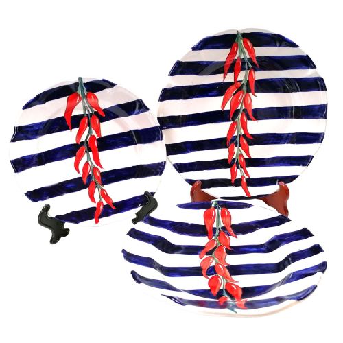 Dishes, Plates handpainted Vietri ceramic stripes and chili pepper line- Three dishes Soup dinner and fruit/Dessert plate