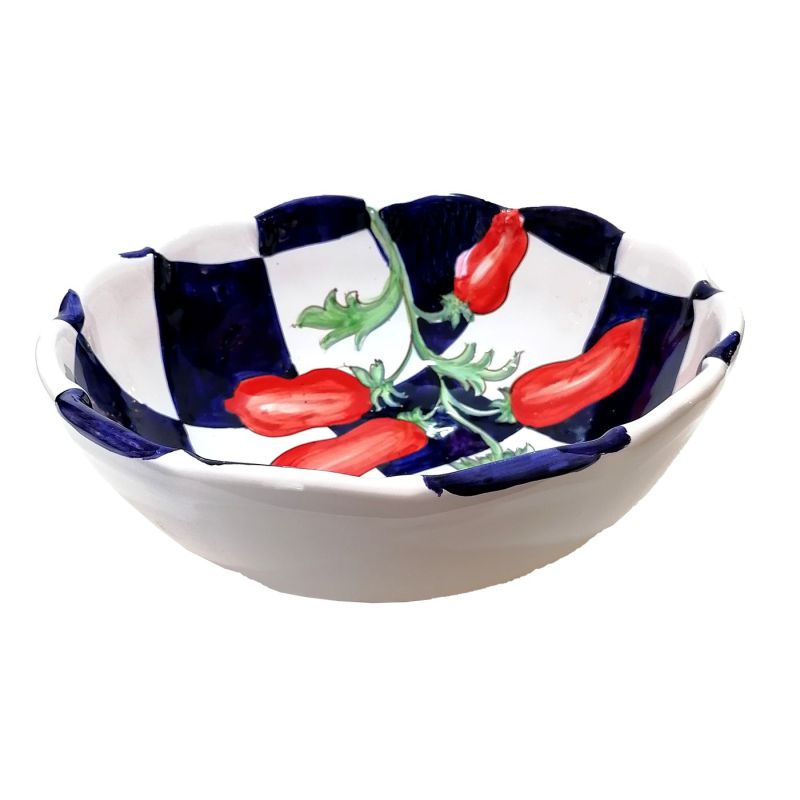 Scalloped deep salad bowl. Stripes line. Checks...