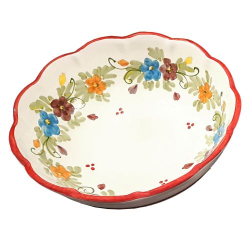 Salatschüssel. Gezackter Rand. Blumen-Linie. Vietri-Keramik. Handbemalt.
