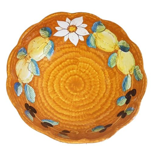 Salad bowl. Scalloped rim. Lemons & olives line. Vietri ceramic. Hand-painted.