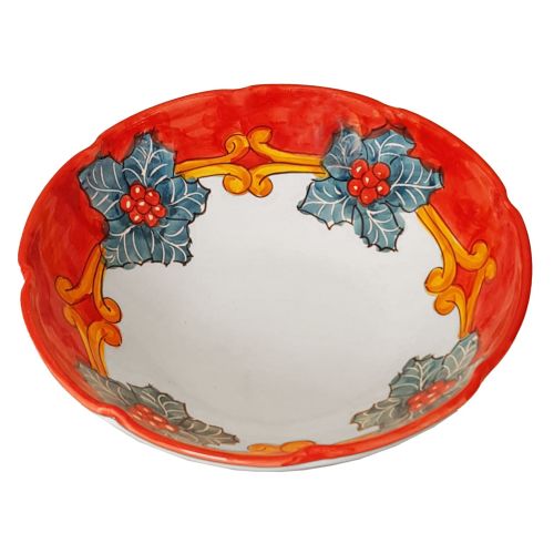 Bowl Regular border Christmas holly line handpainted Vietri ceramic.
