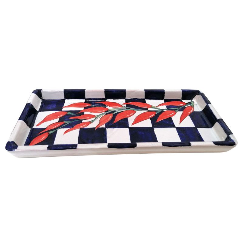Vassoio rettangolare Linea righe e Peperoncino. Ceramica di Vietri dipinta a mano.