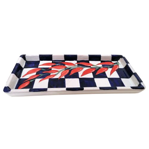 Bandeja rectangular Línea de rayas y chile. Cerámica Vietri pintada a mano.