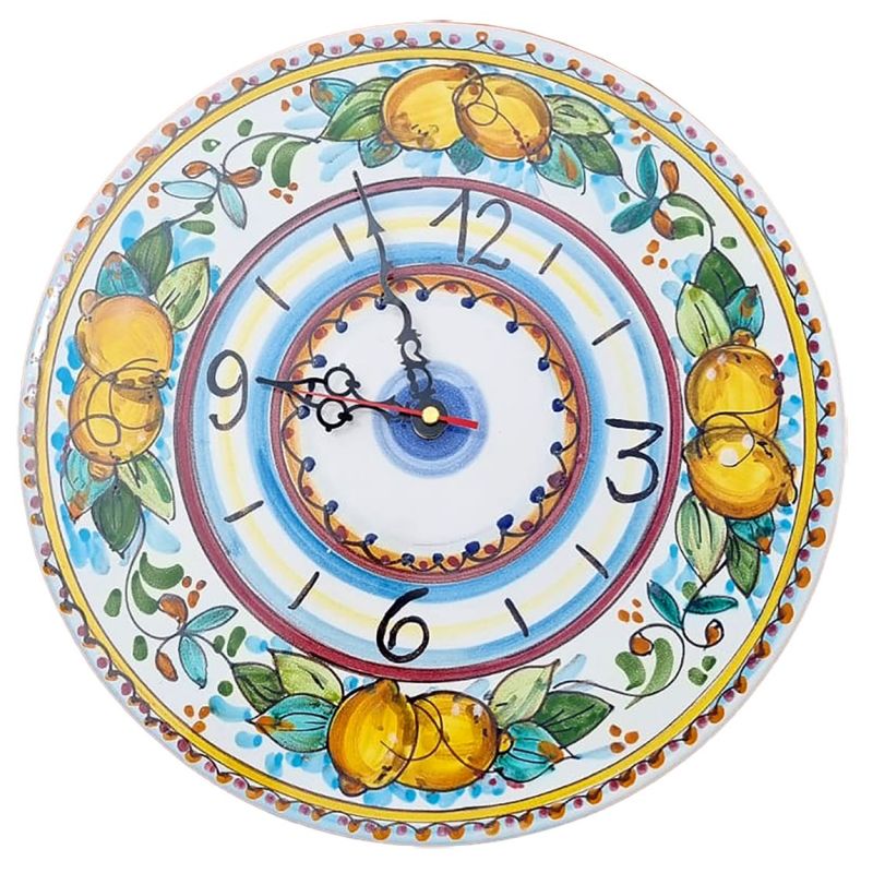 Orologio fondo bianco decoro limoni. Ceramica di Vietri dipinta a mano.