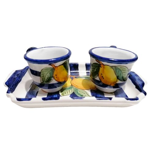 Coffee Cup and Tray Set “Tet-a-Tet” Favor. Stripes and Lemons line. Vietri Ceramics. Hand Painted.