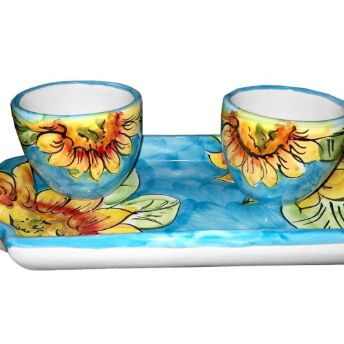 Set di tazzine con vassoio decoro girasoli fondo azzurro....