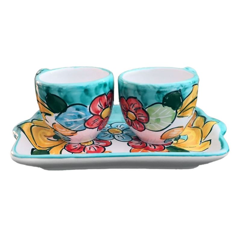 Set di tazzine con vassoio decoro floreale fondo verde ramina. Ceramica di Vietri dipinta a mano.