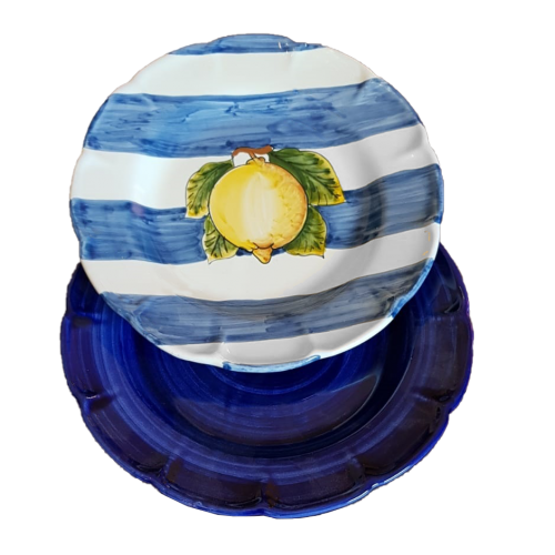 Dishes, Plates handpainted Vietri ceramic Stripes and lemon line brushed blue - Bis  Soup and dinner plate