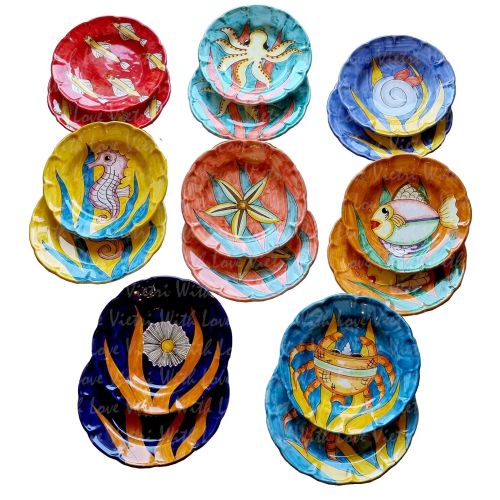 Dishes, Plates fishes line, handpainted in Vietri ceramic dinner plate, soup plate