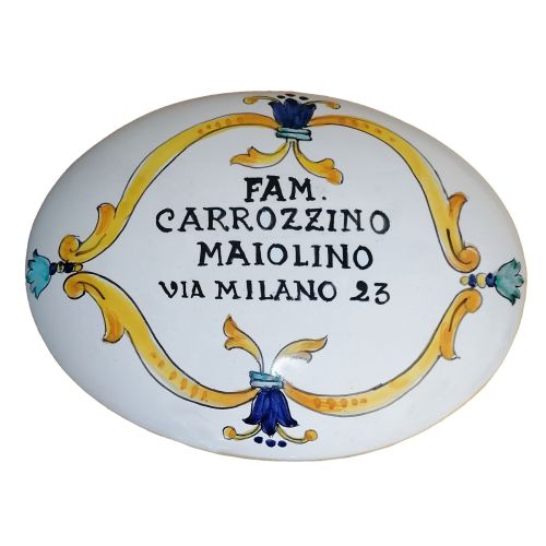 Oval Door plate customizable white background. handpainted Vietri ceramic