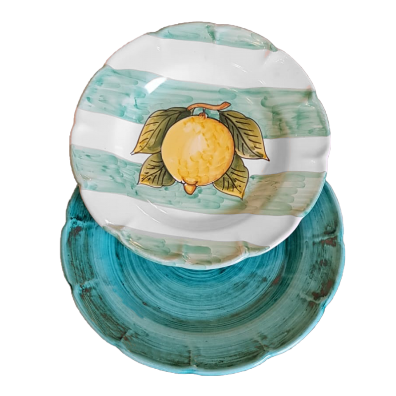 Piatti in ceramica di vietri linea righe e limoni, pennellati fondo verde ramina - Bis  piatto fondo e piatto piano